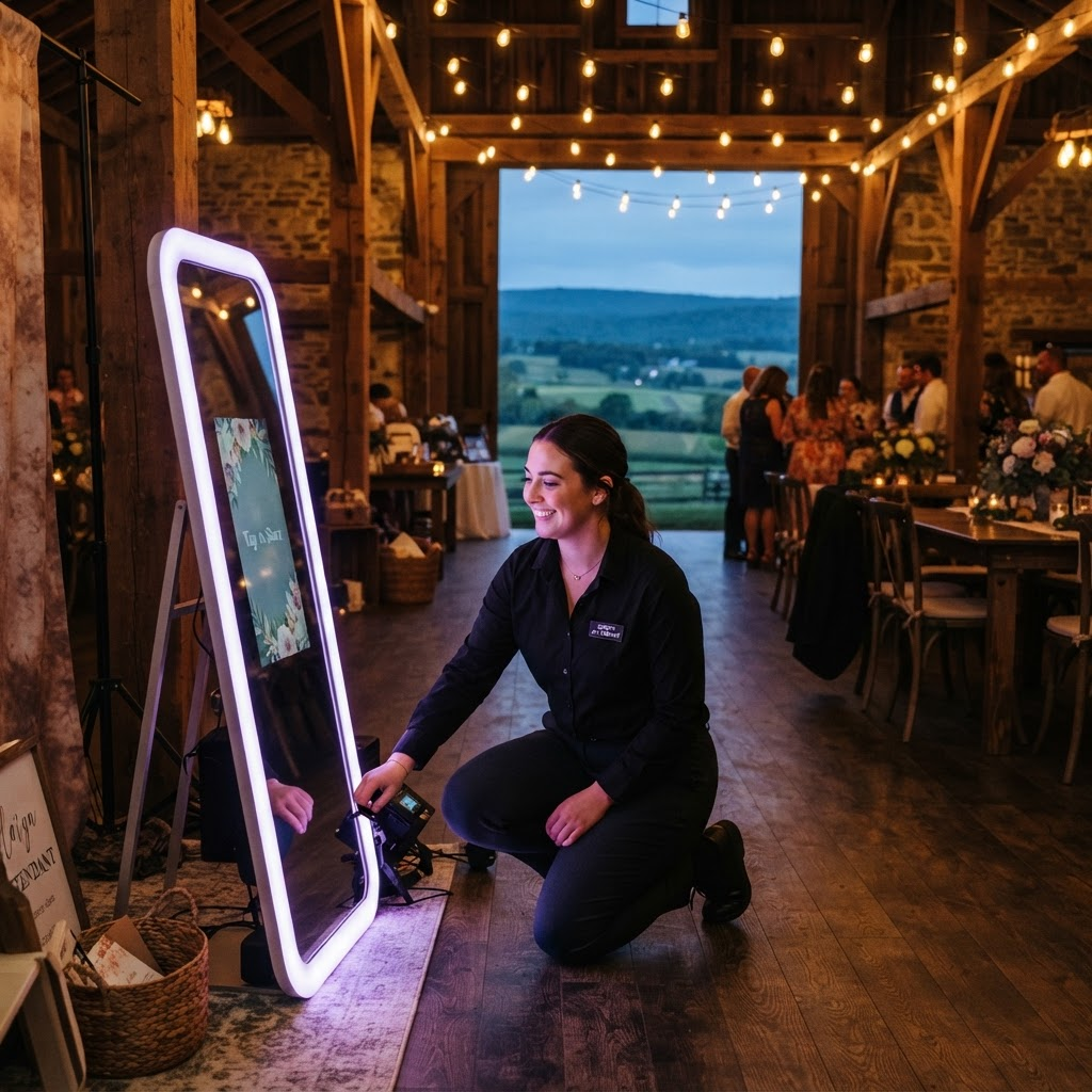 An attendant setting up the Mirror photo booth inside a rustic Pennsylvania barn venue at dusk.